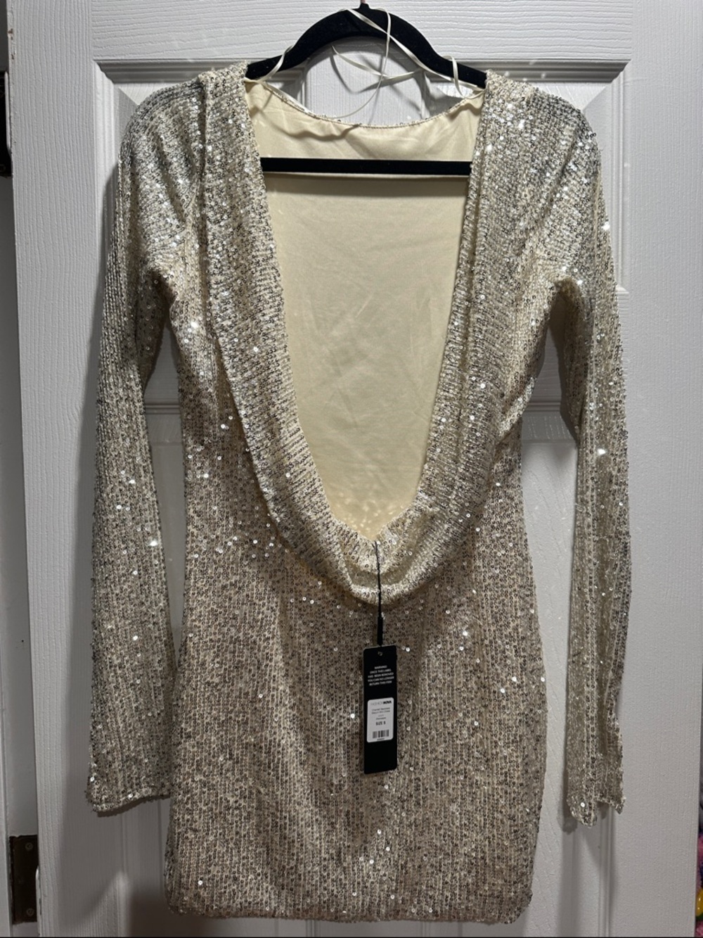 Fashionnova Sequined Long Sleeve Mini Dress - Champagne